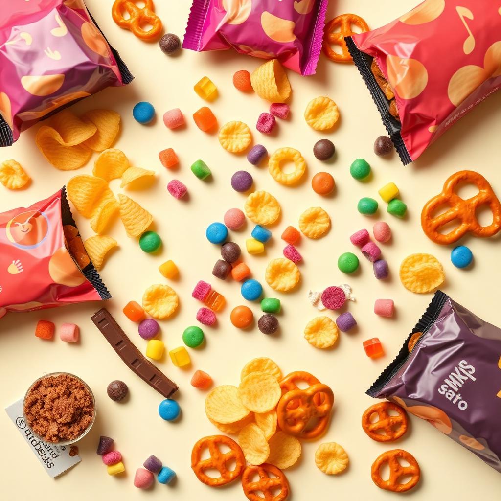 Assorted chips, candies and snacks